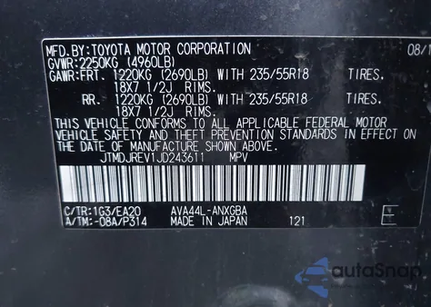 2018 Toyota Rav4 Hybrid Limited z USA, uszkodzony, nr VIN JTMDJREV1JD243611